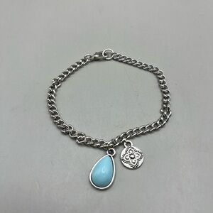 Silver Tone Charm Bracelet with Blue Teardrop Pendant -Vintage Style Jewelry